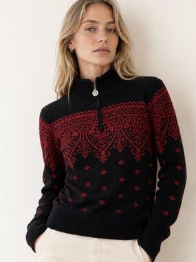 Neve 100% Wool Nordic Fair Isle Quarter Zip Sweater Black Red Size L